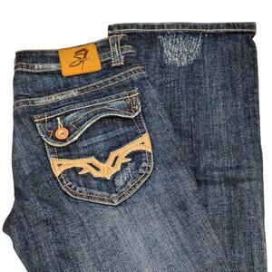 Y2k Vintage Seven7 Low Rise Flare Blue Stretch Denim Jeans Button Fly Zip SZ 29